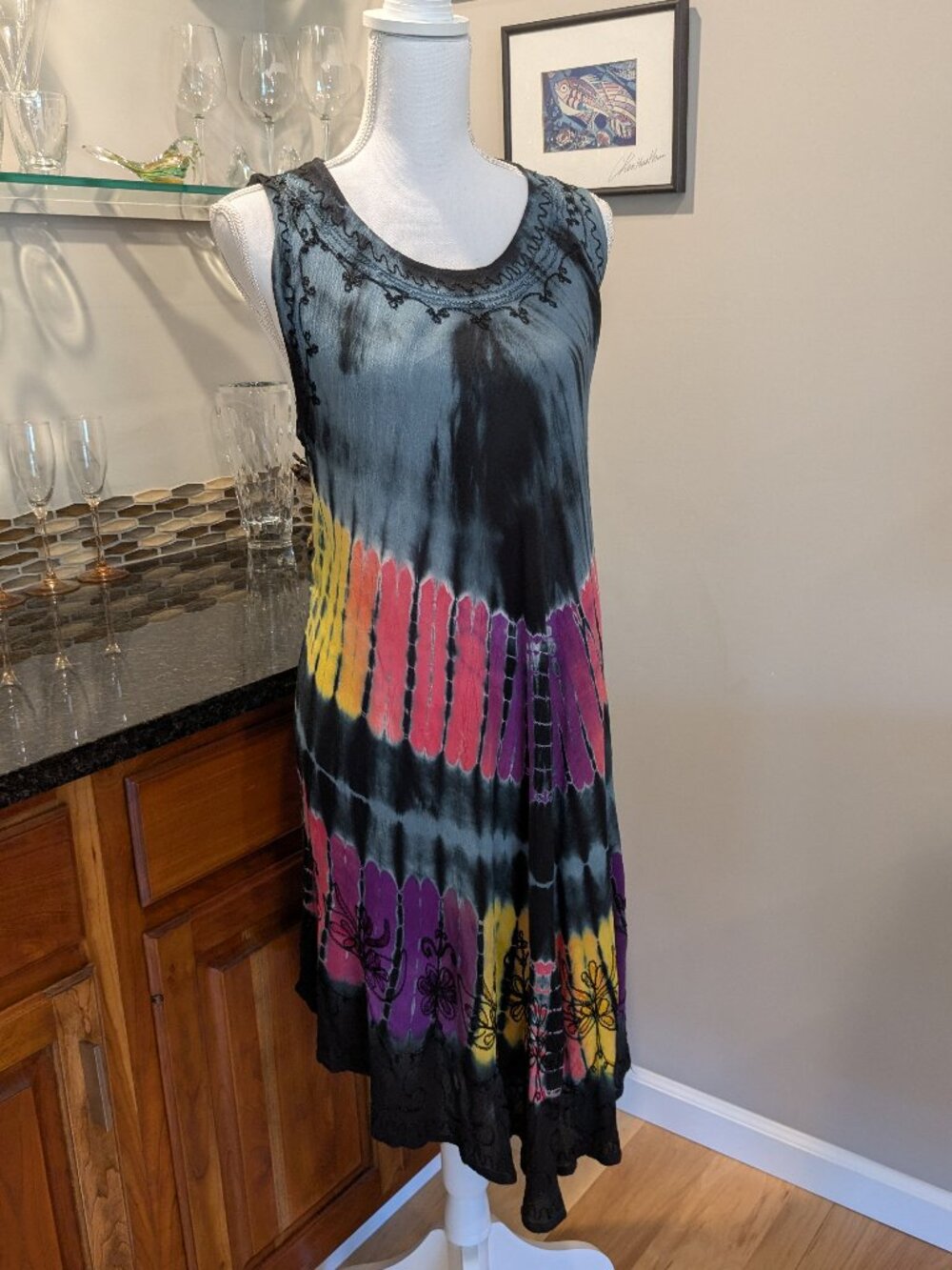 NWT Tie Dye Boho Embroidered Sundress Batik Caftan Tank Dress Coverup Cover Up